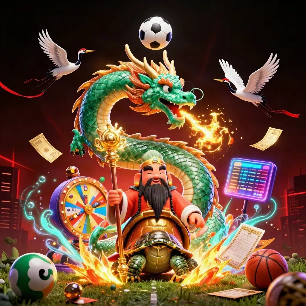 Dragon, turtle sage, and cranes amid casino sports chaos, with balls, fire, and neon light.