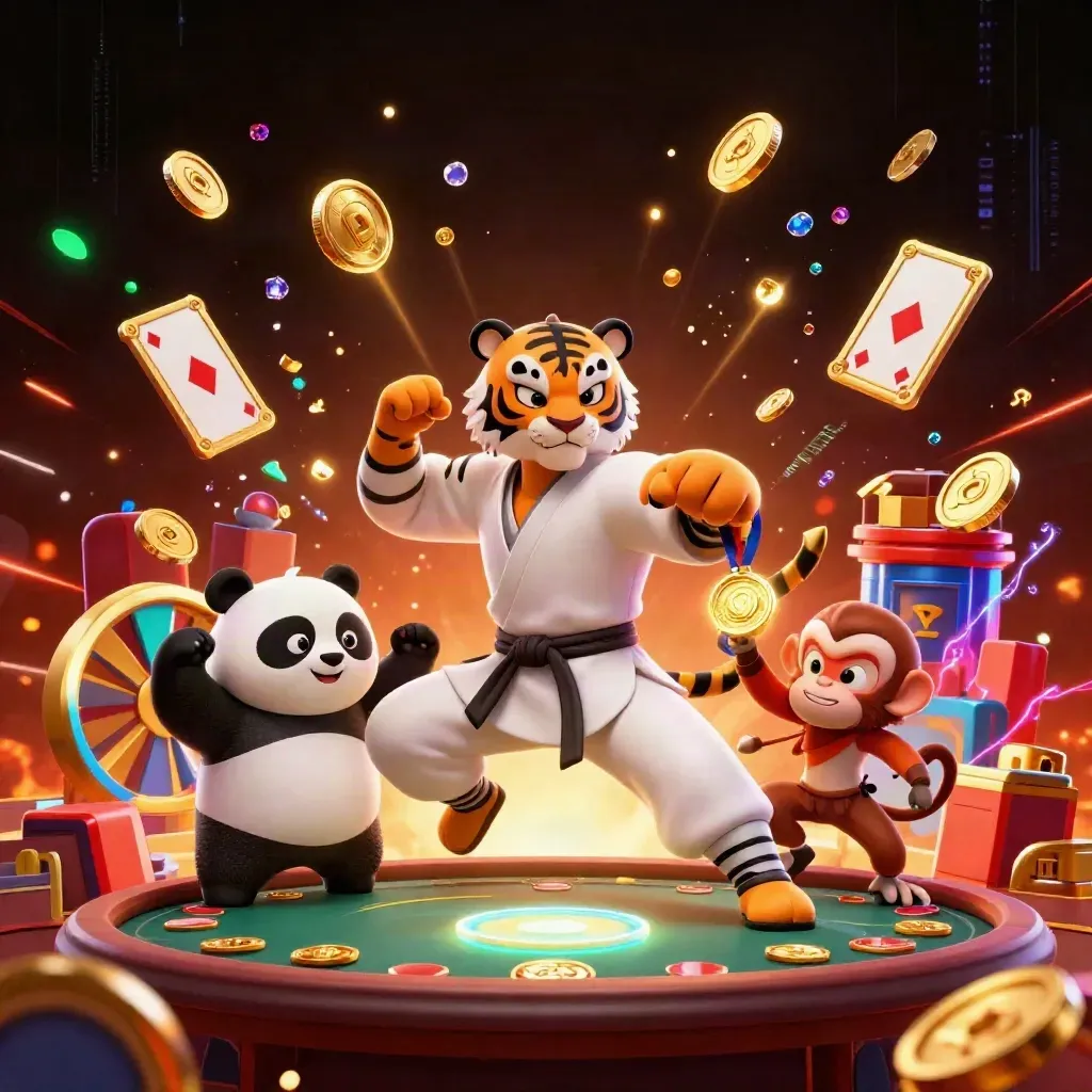 Tiger master, panda disciple, and monkey student amid casino treasure, roulette, coins, neon energy