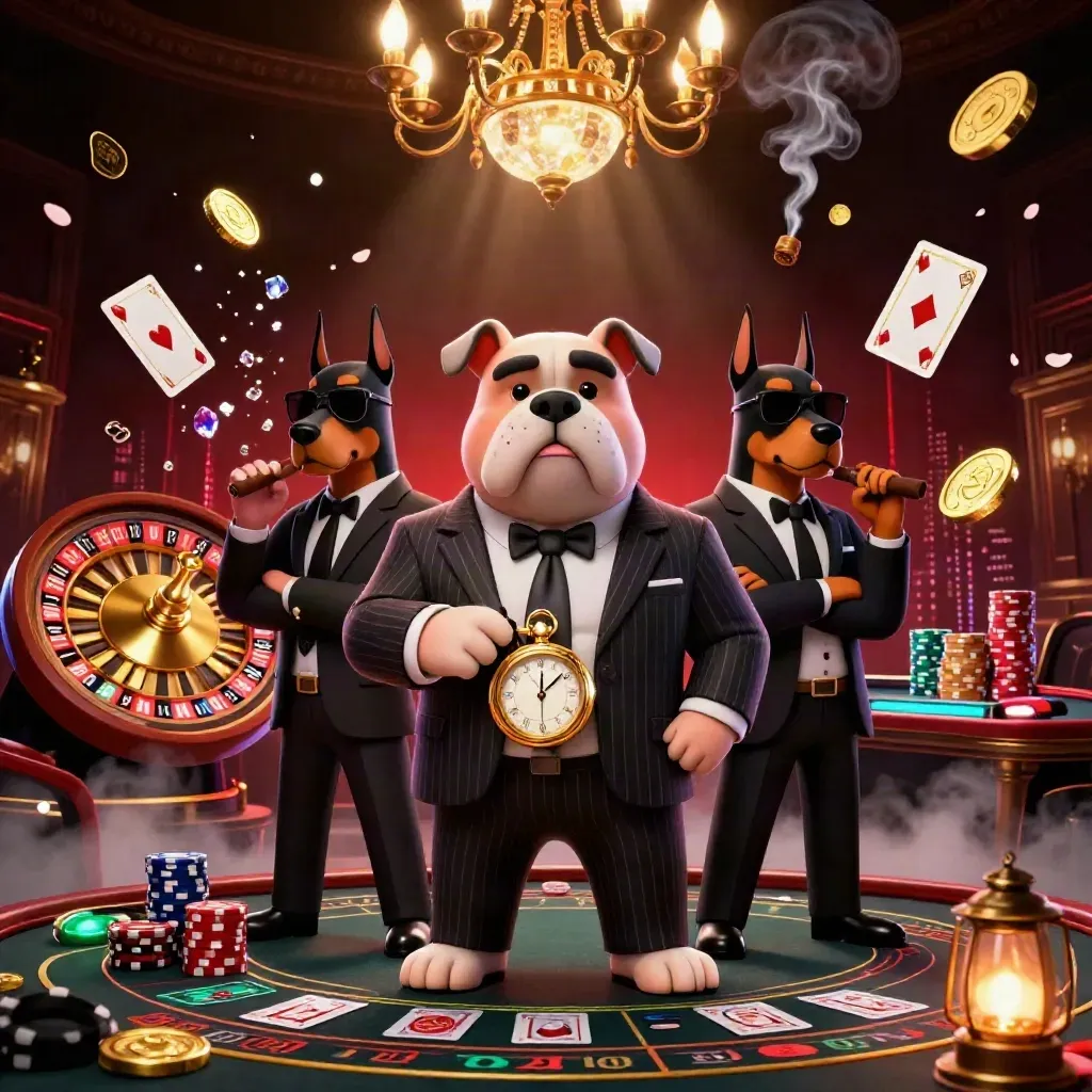 Mafia bulldog and Dobermans in a neon casino room with coins, gems, wheel and cards.