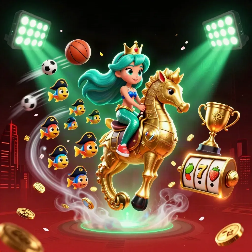 Mermaid princess on an armored seahorse amid pirate fish, sports balls, coins and neon casino glow