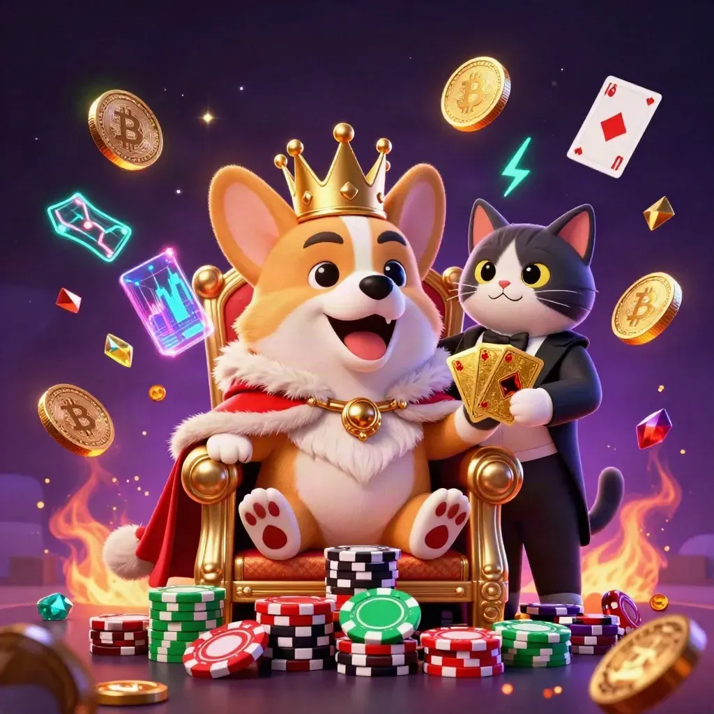 Royal corgi king and cat butler amid neon coins, lightning, chips, and treasure burst
