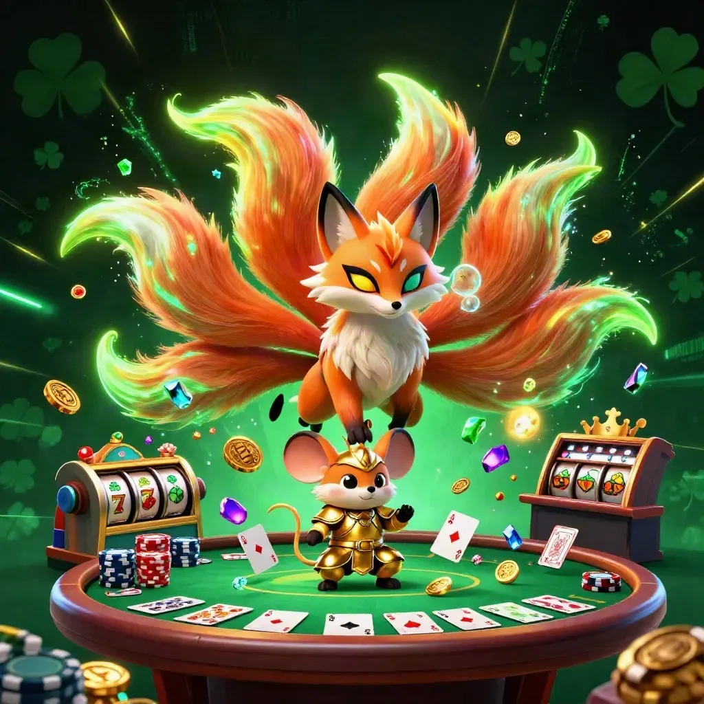 Neon fox spirit and armored mouse amid casino loot, chips, cards, and glowing effects