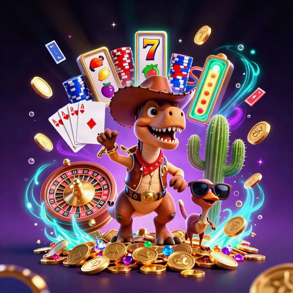 Cowboy T-Rex, cactus sidekick and roadrunner amid casino coins, gems and neon green energy.