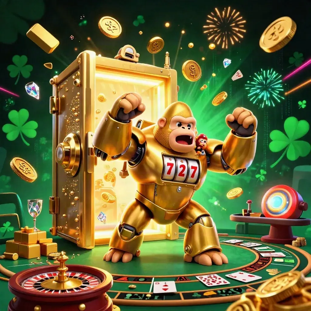 Golden gorilla mech bursts from a vault with coins, gems, roulette wheel, and tiny monkey pilot.