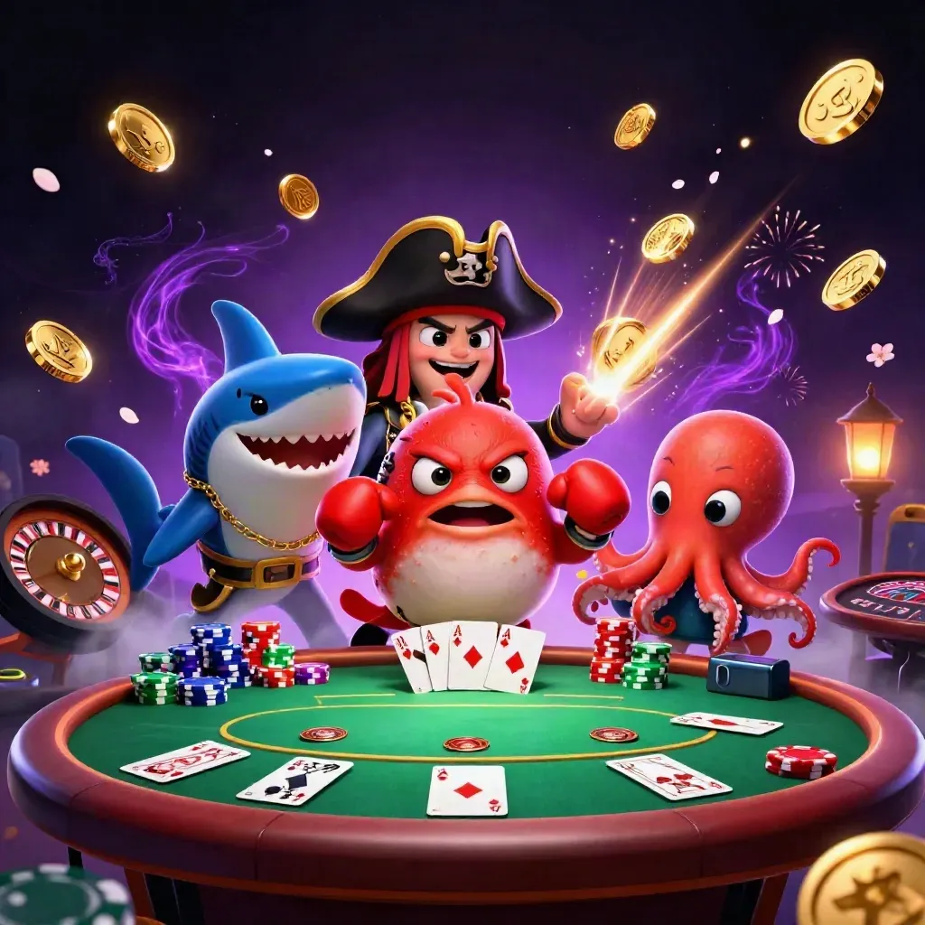 Pirate shark, boxing pufferfish, and coin-juggling octopus amid casino chips, cards, fireworks, and magic