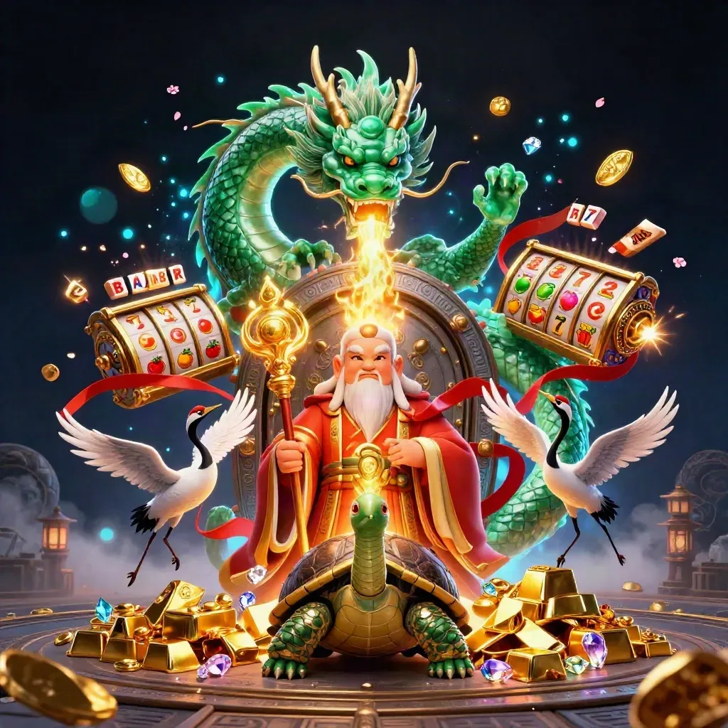 Emerald dragon, turtle sage, and cranes amid gold vault, casino reels, and neon effects.