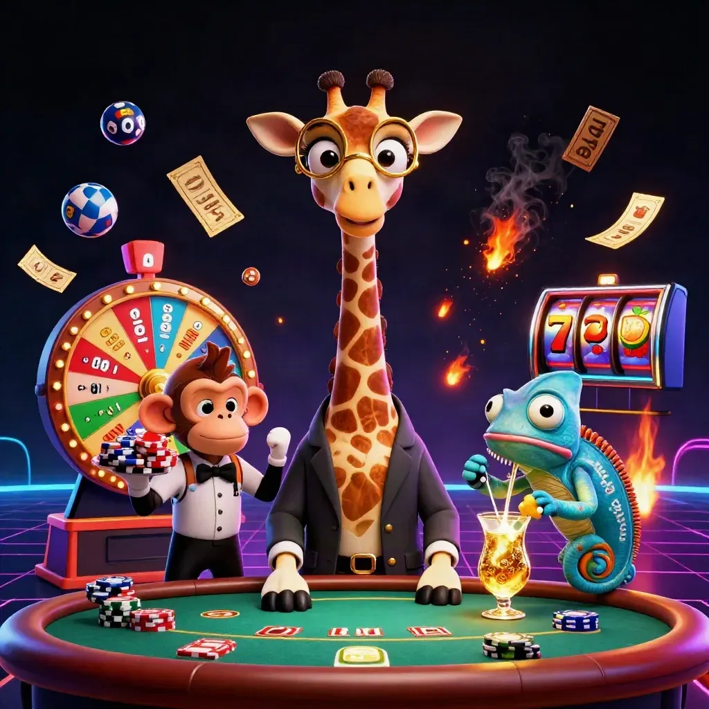 Giraffe high roller, monkey valet, and chameleon bartender amid casino bursts and neon lights.