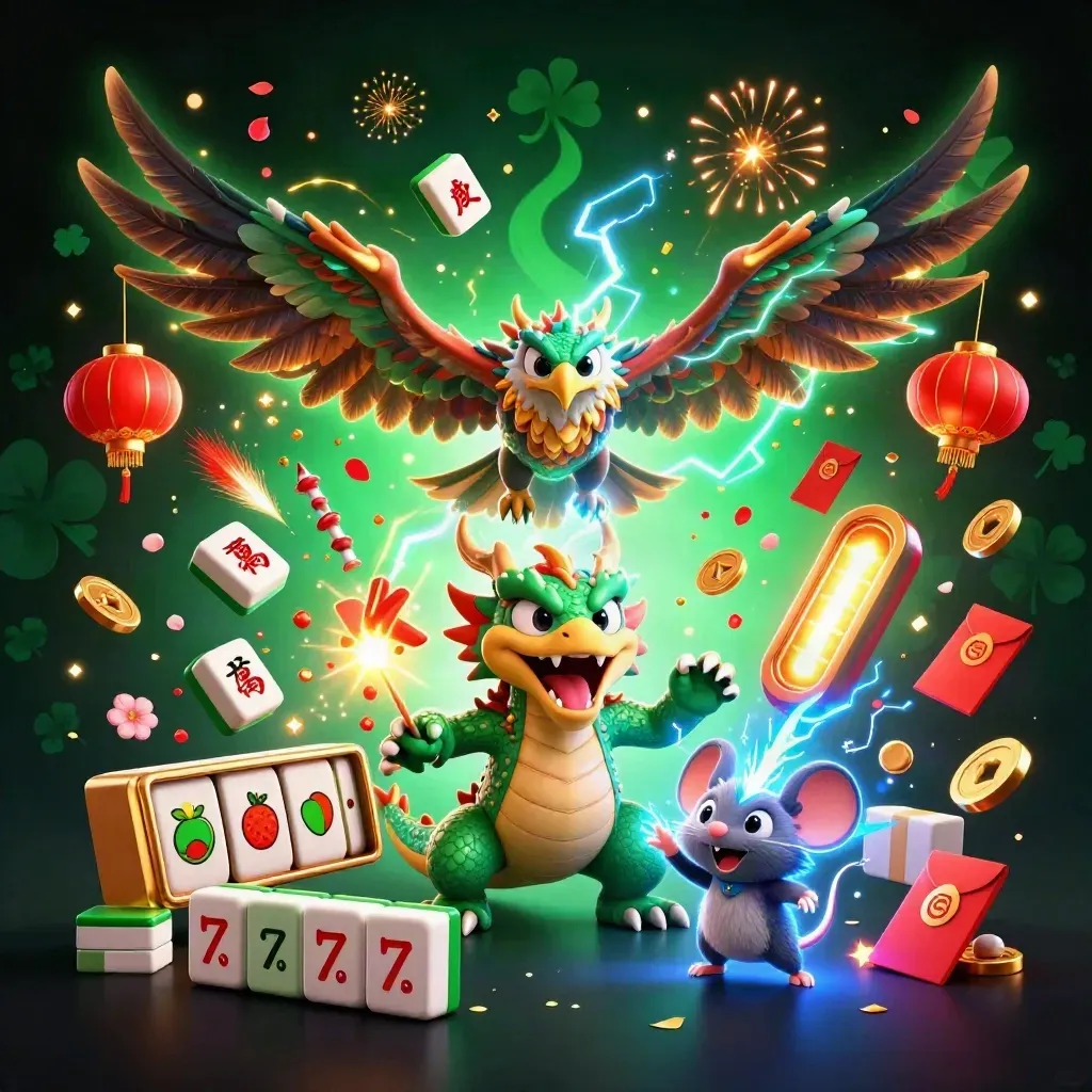 Thunder dragon, winged hawk and static mouse amid casino luck symbols, lightning and neon confetti